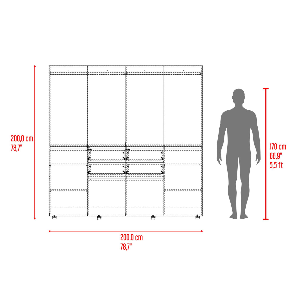 Closet Siruela Fresno Europeo y Blanco 200x200cm con Cuatreo Cajones y con Ocho Puertas - CLOSETS | Bylmo