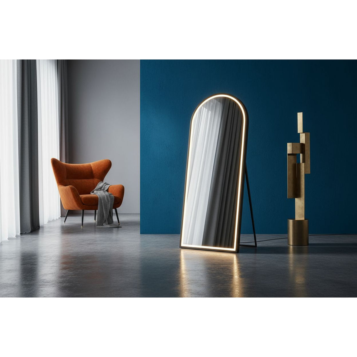 Espejo de Piso Toscana Negro 70x170cm Asimetrico con Marco Metálico y con Iluminación LED - ESPEJOS DE PISO | Bylmo