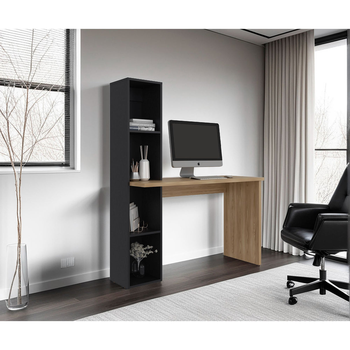 Escritorio con Biblioteca Aston Fresno Europeo y Wengue 120.3x145.8cm sin Cajones - ESCRITORIOS | Bylmo