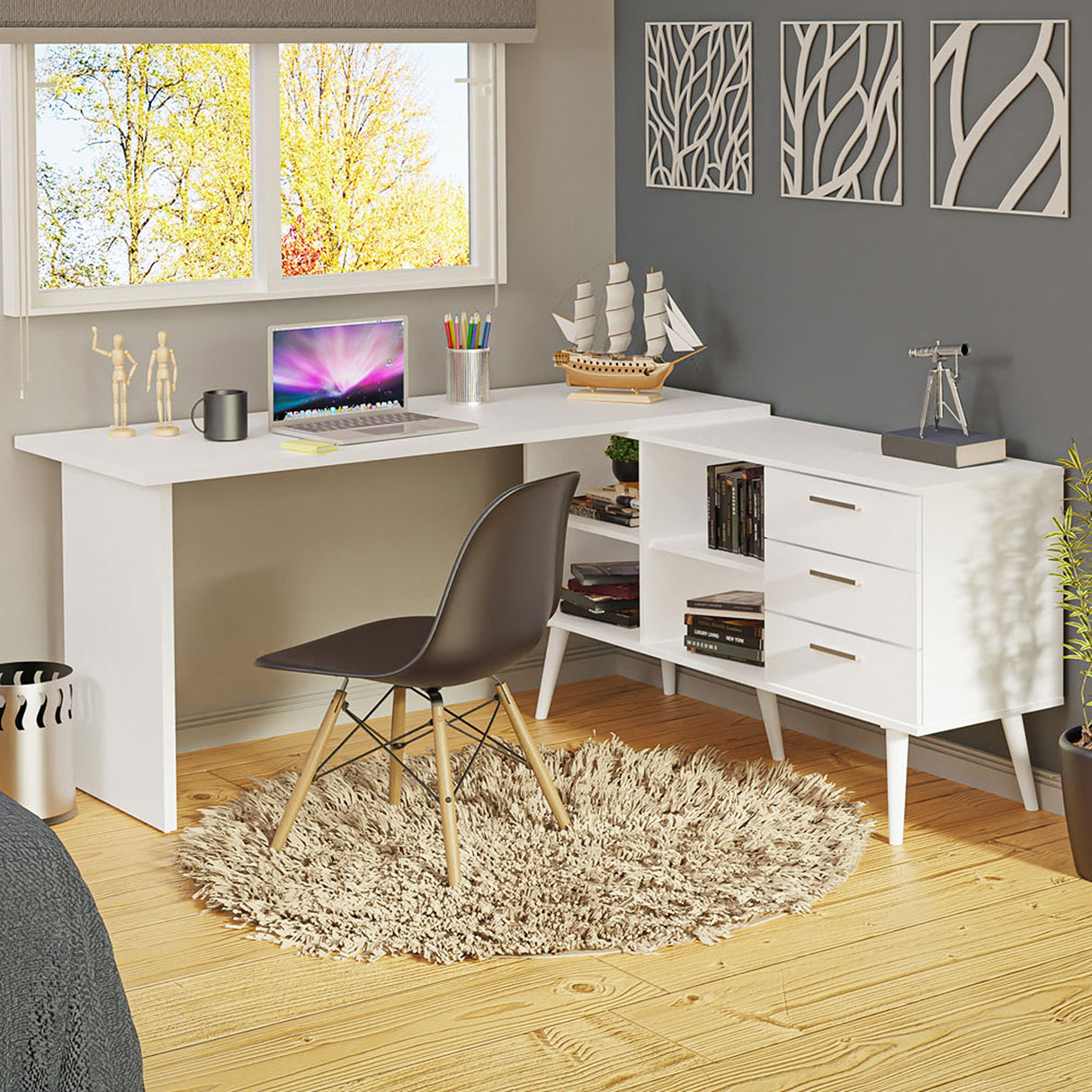 Escritorio Esquinero Lisboa Blanco 255x74cm con Tres Cajones con Organizador de Libros - ESCRITORIOS | Bylmo