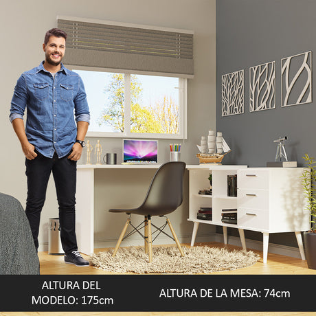 Escritorio Esquinero Lisboa Blanco 255x74cm con Tres Cajones con Organizador de Libros - ESCRITORIOS | Bylmo