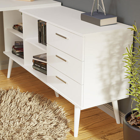 Escritorio Esquinero Lisboa Blanco 255x74cm con Tres Cajones con Organizador de Libros - ESCRITORIOS | Bylmo
