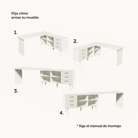 Escritorio Esquinero Lisboa Blanco 255x74cm con Tres Cajones con Organizador de Libros - ESCRITORIOS | Bylmo