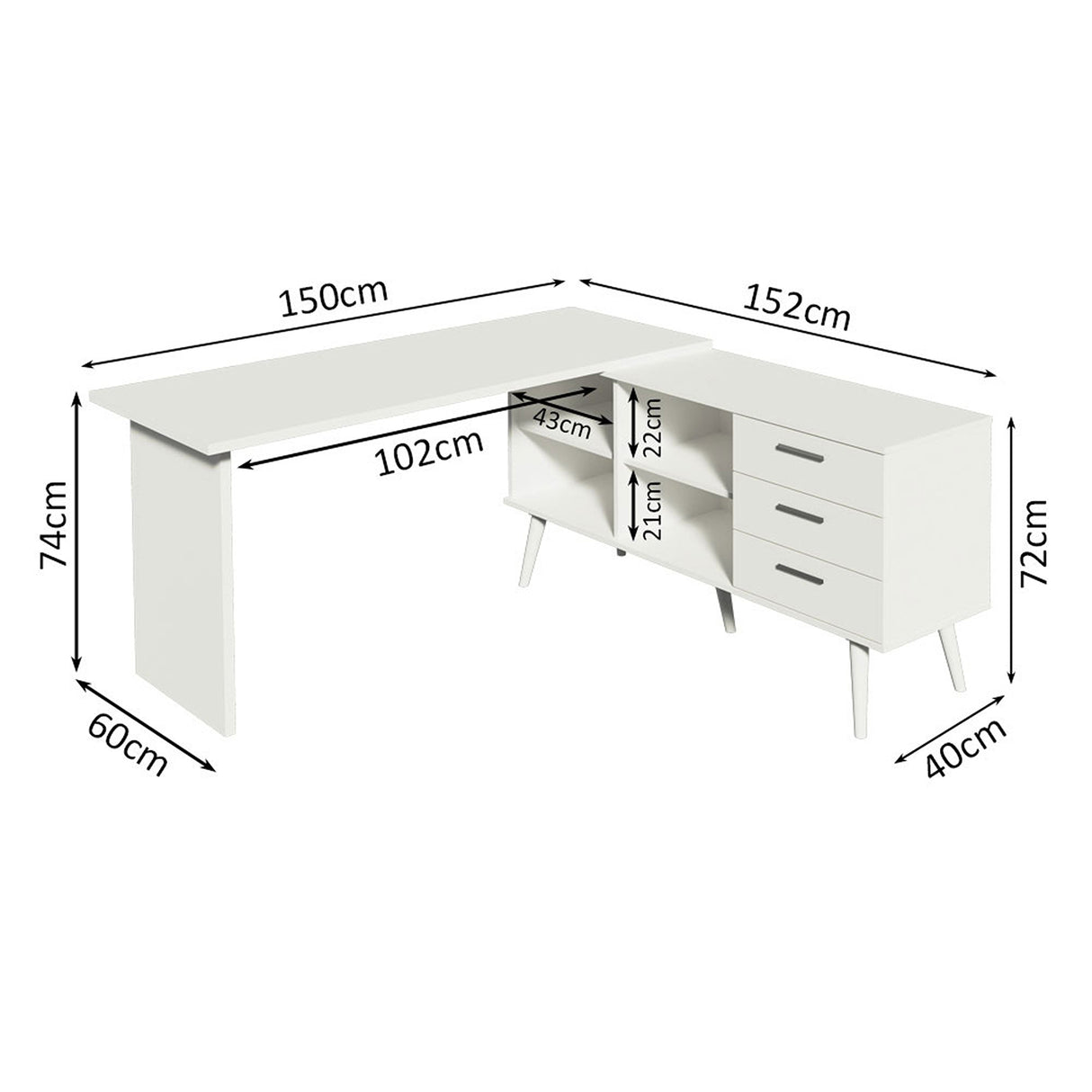 Escritorio Esquinero Lisboa Blanco 255x74cm con Tres Cajones con Organizador de Libros - ESCRITORIOS | Bylmo