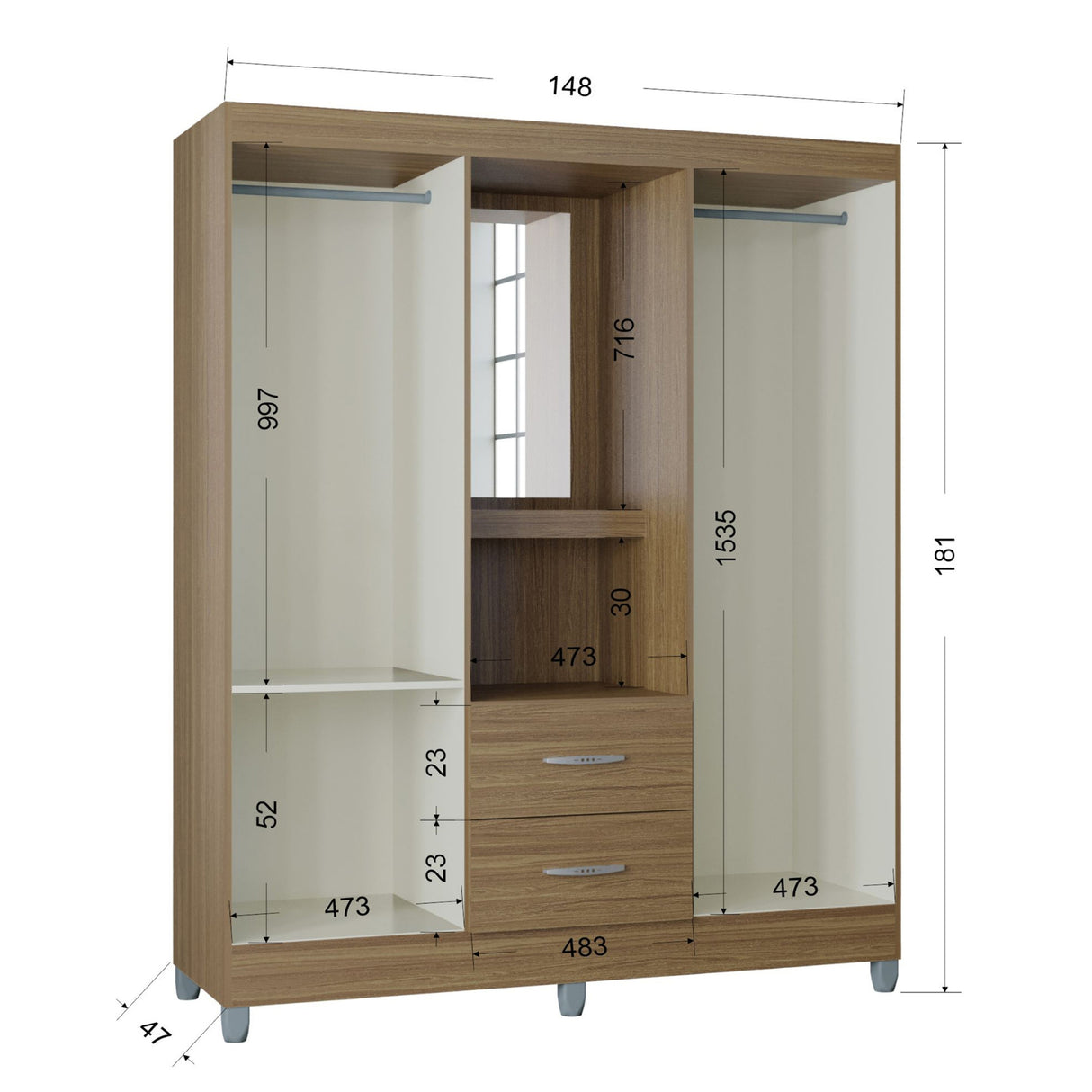 Closet Cordoba Castaño 148x181cm con Dos Cajones con Cuatro Puertas y con Espejo - CLOSETS | Bylmo