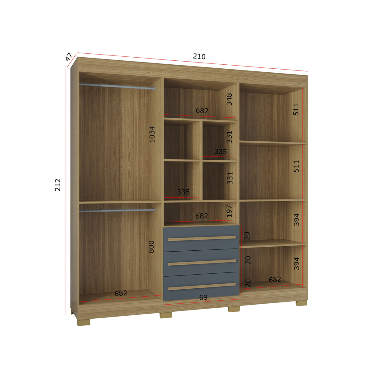 Closet Amazonia Castaño y Gris 210x212cm con Tres Cajones y con Seis Puertas - CLOSETS | Bylmo
