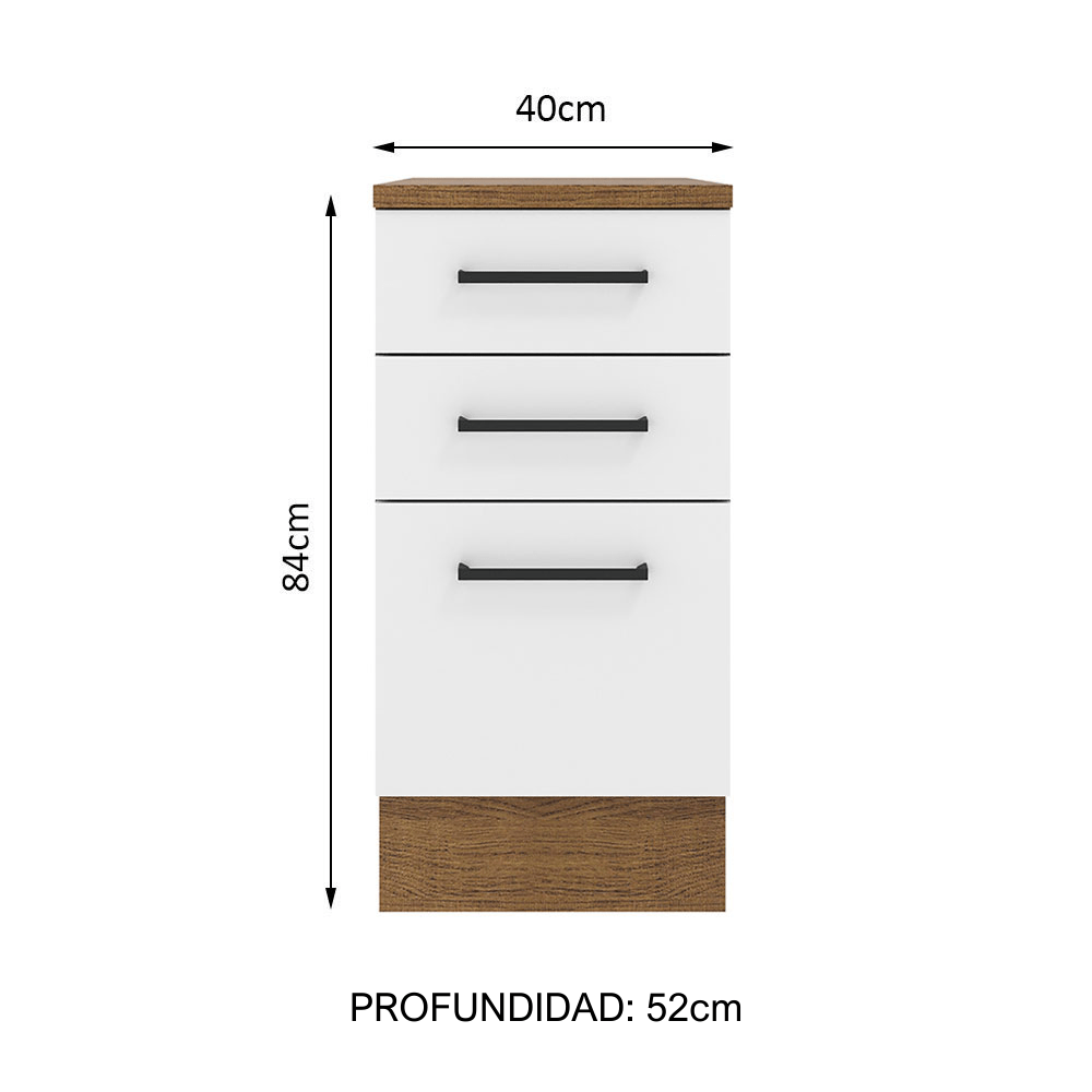 Mueble Inferior de Cocina Agata Marron y Blanco 40x84cm con Tres Cajones con Mesón de Madera y sin Estufa - MUEBLES INFERIORES DE COCINA | Bylmo
