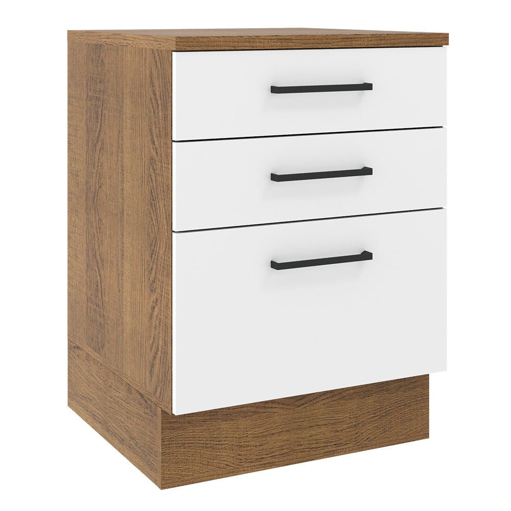 Mueble Inferior de Cocina Agata Marron y Blanco 60x84cm con Tres Cajones con Mesón de Madera y sin Estufa - MUEBLES INFERIORES DE COCINA | Bylmo