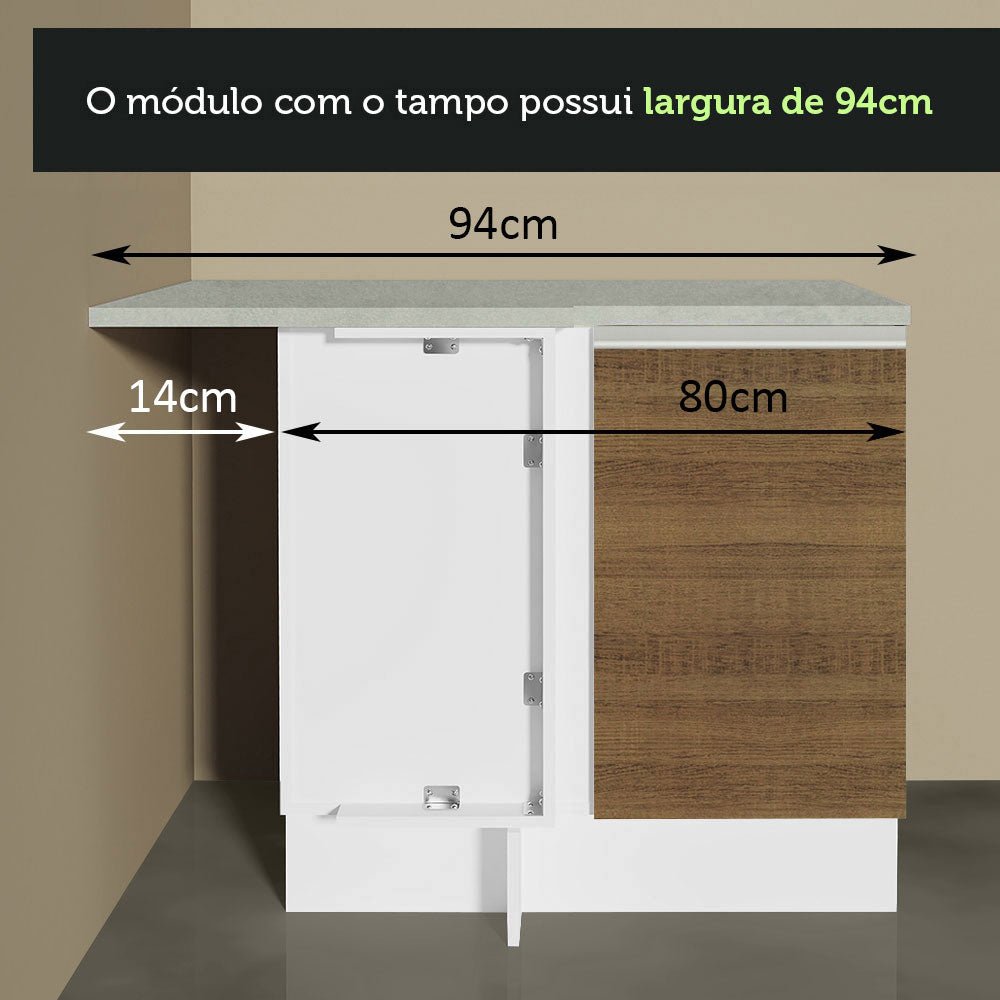 Mueble Inferior de Cocina Esquinero Glamy Blanco y Marron 94x84cm Sin Cajones con Mesón de Madera y sin Estufa - MUEBLES INFERIORES DE COCINA | Bylmo