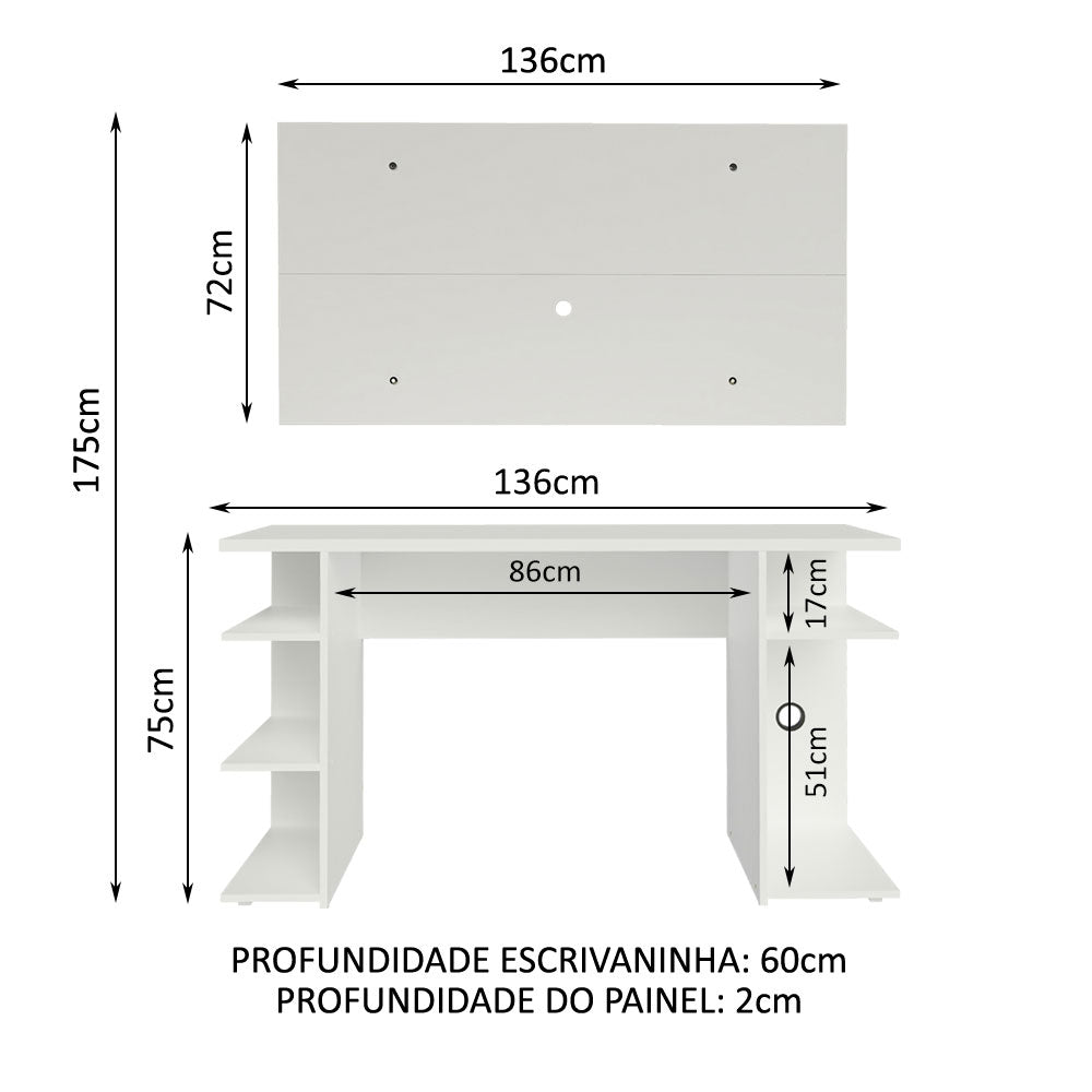Combo Escritorio Gamer y Panel de TV Blanco 136x75cm para TV hasta 50 Pulgadas Sin Cajones y con Organizador de Libros y Consolas - ESCRITORIOS | Bylmo