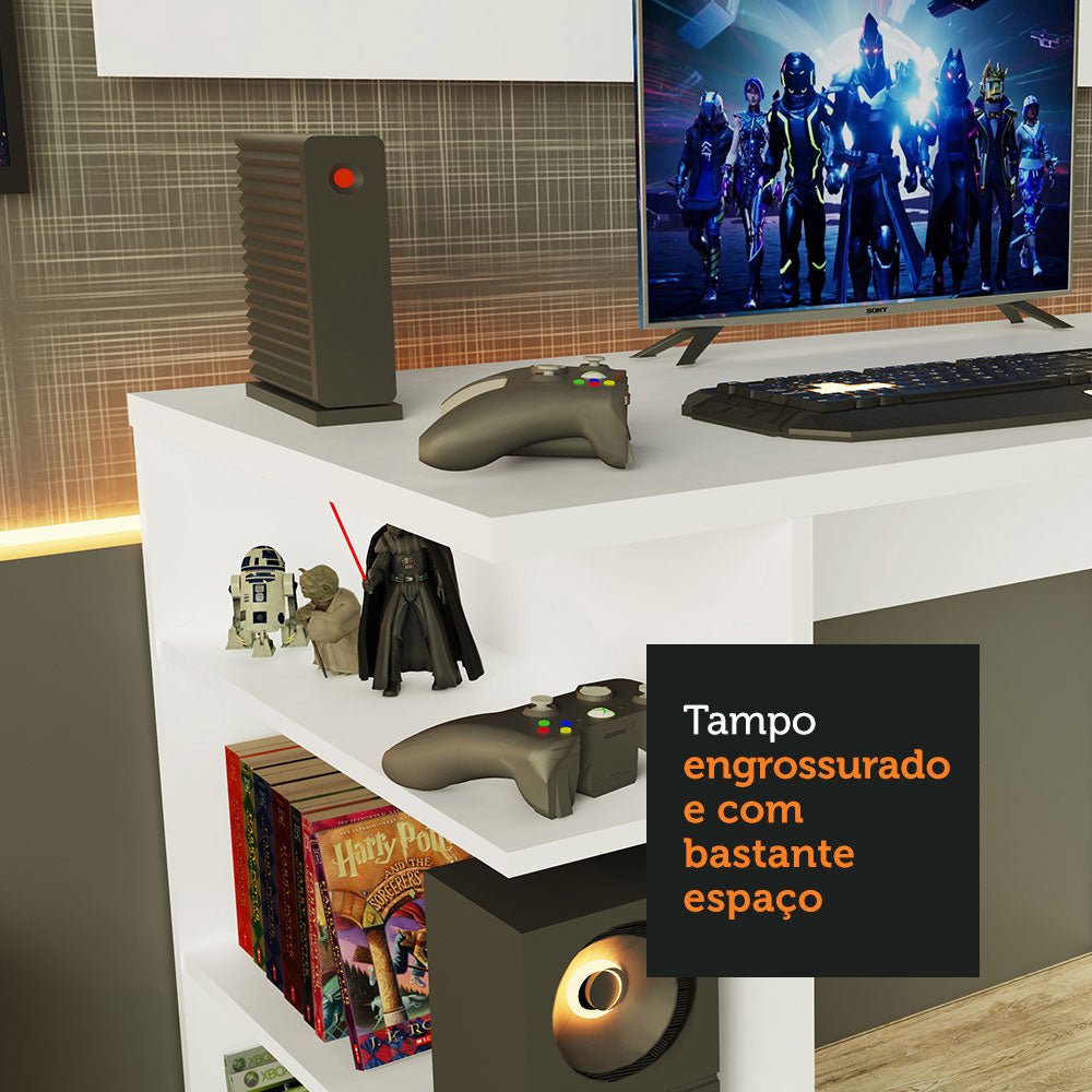 Combo Escritorio Gamer y Panel de TV Blanco 136x75cm para TV hasta 50 Pulgadas Sin Cajones y con Organizador de Libros y Consolas - ESCRITORIOS | Bylmo