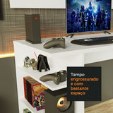 Combo Escritorio Gamer y Panel de TV Blanco 136x75cm para TV hasta 50 Pulgadas Sin Cajones y con Organizador de Libros y Consolas - ESCRITORIOS | Bylmo