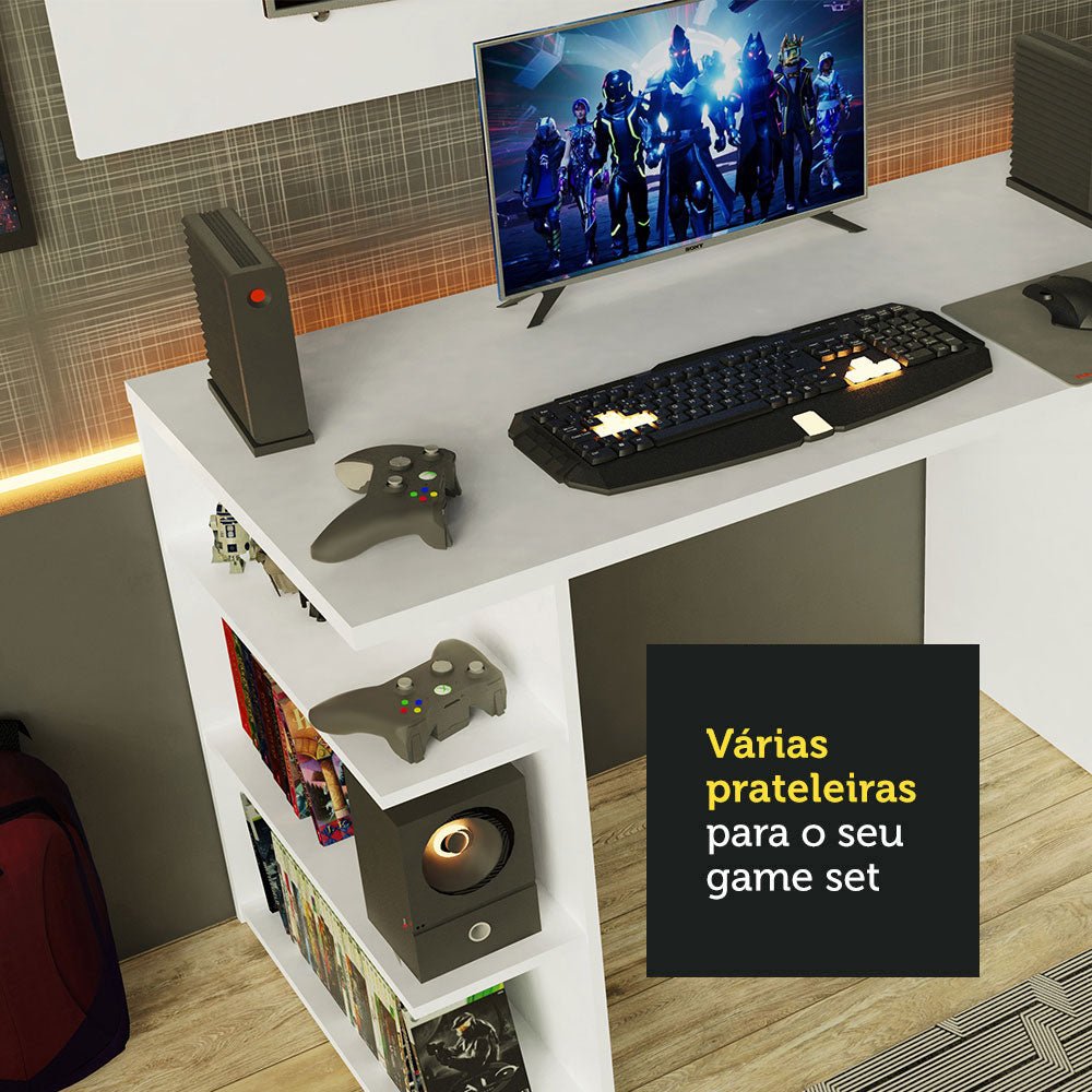 Combo Escritorio Gamer y Panel de TV Blanco 136x75cm para TV hasta 50 Pulgadas Sin Cajones y con Organizador de Libros y Consolas - ESCRITORIOS | Bylmo