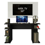 Combo Escritorio Gamer y Panel de TV Negro y Blanco 136x75cm para TV hasta 50 Pulgadas Sin Cajones y con Organizador de Libros y Consolas - ESCRITORIOS | Bylmo