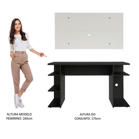 Combo Escritorio Gamer y Panel de TV Negro y Blanco 136x75cm para TV hasta 50 Pulgadas Sin Cajones y con Organizador de Libros y Consolas - ESCRITORIOS | Bylmo