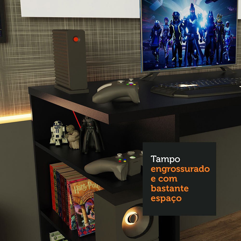 Combo Escritorio Gamer y Panel de TV Negro y Blanco 136x75cm para TV hasta 50 Pulgadas Sin Cajones y con Organizador de Libros y Consolas - ESCRITORIOS | Bylmo