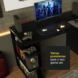 Combo Escritorio Gamer y Panel de TV Negro y Blanco 136x75cm para TV hasta 50 Pulgadas Sin Cajones y con Organizador de Libros y Consolas - ESCRITORIOS | Bylmo