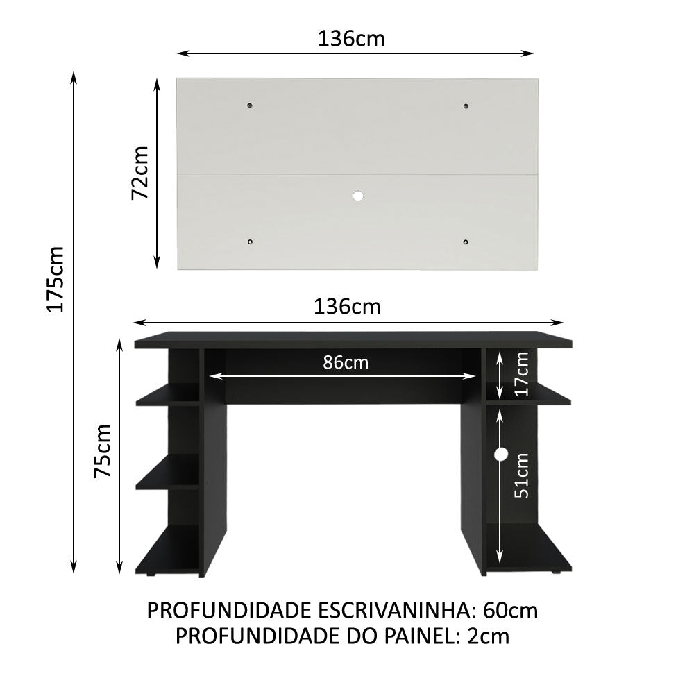 Combo Escritorio Gamer y Panel de TV Negro y Blanco 136x75cm para TV hasta 50 Pulgadas Sin Cajones y con Organizador de Libros y Consolas - ESCRITORIOS | Bylmo