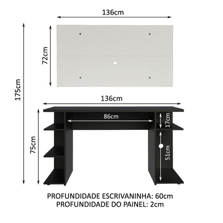 Combo Escritorio Gamer y Panel de TV Negro y Blanco 136x75cm para TV hasta 50 Pulgadas Sin Cajones y con Organizador de Libros y Consolas - ESCRITORIOS | Bylmo