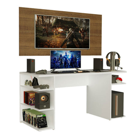 Combo Escritorio Gamer y Panel de TV Blanco y Marron 136x75cm para TV hasta 50 Pulgadas Sin Cajones y con Organizador de Libros y Consolas - ESCRITORIOS | Bylmo
