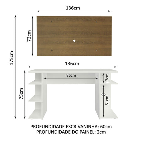 Combo Escritorio Gamer y Panel de TV Blanco y Marron 136x75cm para TV hasta 50 Pulgadas Sin Cajones y con Organizador de Libros y Consolas - ESCRITORIOS | Bylmo