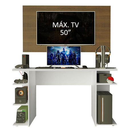 Combo Escritorio Gamer y Panel de TV Blanco y Marron 136x75cm para TV hasta 50 Pulgadas Sin Cajones y con Organizador de Libros y Consolas - ESCRITORIOS | Bylmo