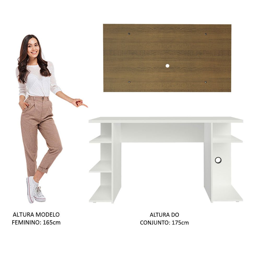 Combo Escritorio Gamer y Panel de TV Blanco y Marron 136x75cm para TV hasta 50 Pulgadas Sin Cajones y con Organizador de Libros y Consolas - ESCRITORIOS | Bylmo