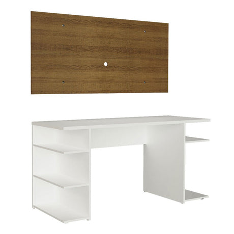 Combo Escritorio Gamer y Panel de TV Blanco y Marron 136x75cm para TV hasta 50 Pulgadas Sin Cajones y con Organizador de Libros y Consolas - ESCRITORIOS | Bylmo