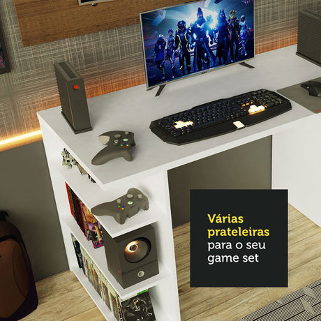 Combo Escritorio Gamer y Panel de TV Blanco y Marron 136x75cm para TV hasta 50 Pulgadas Sin Cajones y con Organizador de Libros y Consolas - ESCRITORIOS | Bylmo