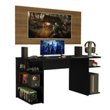 Combo Escritorio Gamer y Panel de TV Negro y Marron 136x75cm para TV hasta 50 Pulgadas Sin Cajones y con Organizador de Libros y Consolas - ESCRITORIOS | Bylmo