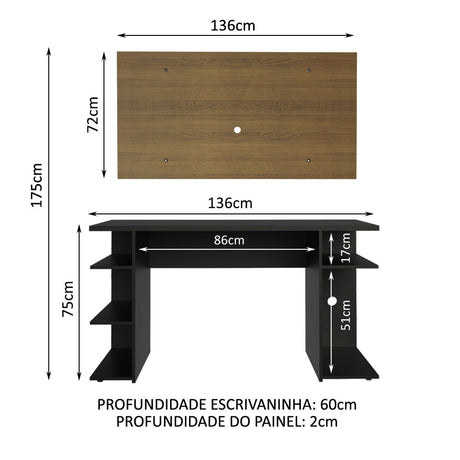Combo Escritorio Gamer y Panel de TV Negro y Marron 136x75cm para TV hasta 50 Pulgadas Sin Cajones y con Organizador de Libros y Consolas - ESCRITORIOS | Bylmo