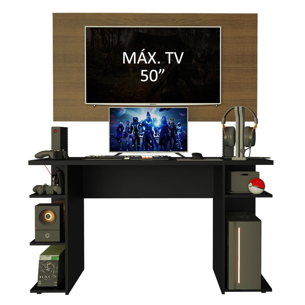 Combo Escritorio Gamer y Panel de TV Negro y Marron 136x75cm para TV hasta 50 Pulgadas Sin Cajones y con Organizador de Libros y Consolas - ESCRITORIOS | Bylmo