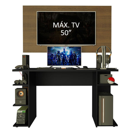 Combo Escritorio Gamer y Panel de TV Negro y Marron 136x75cm para TV hasta 50 Pulgadas Sin Cajones y con Organizador de Libros y Consolas - ESCRITORIOS | Bylmo