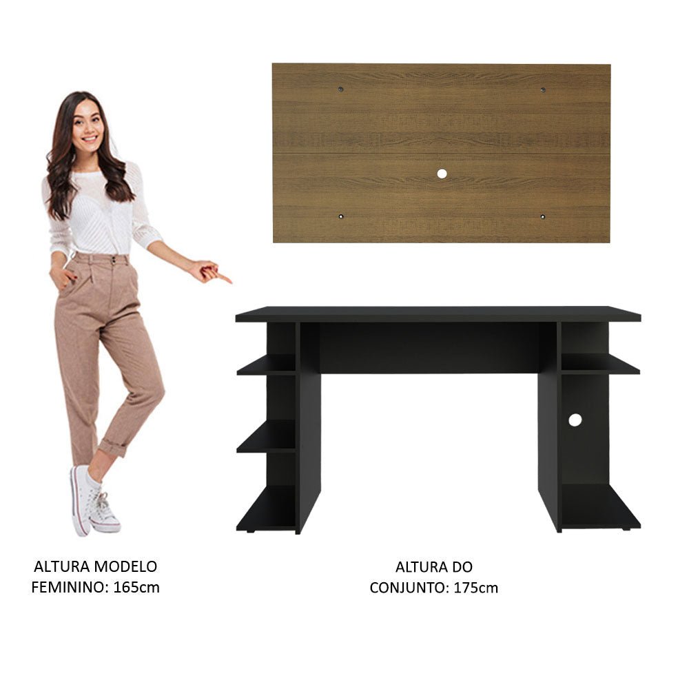 Combo Escritorio Gamer y Panel de TV Negro y Marron 136x75cm para TV hasta 50 Pulgadas Sin Cajones y con Organizador de Libros y Consolas - ESCRITORIOS | Bylmo