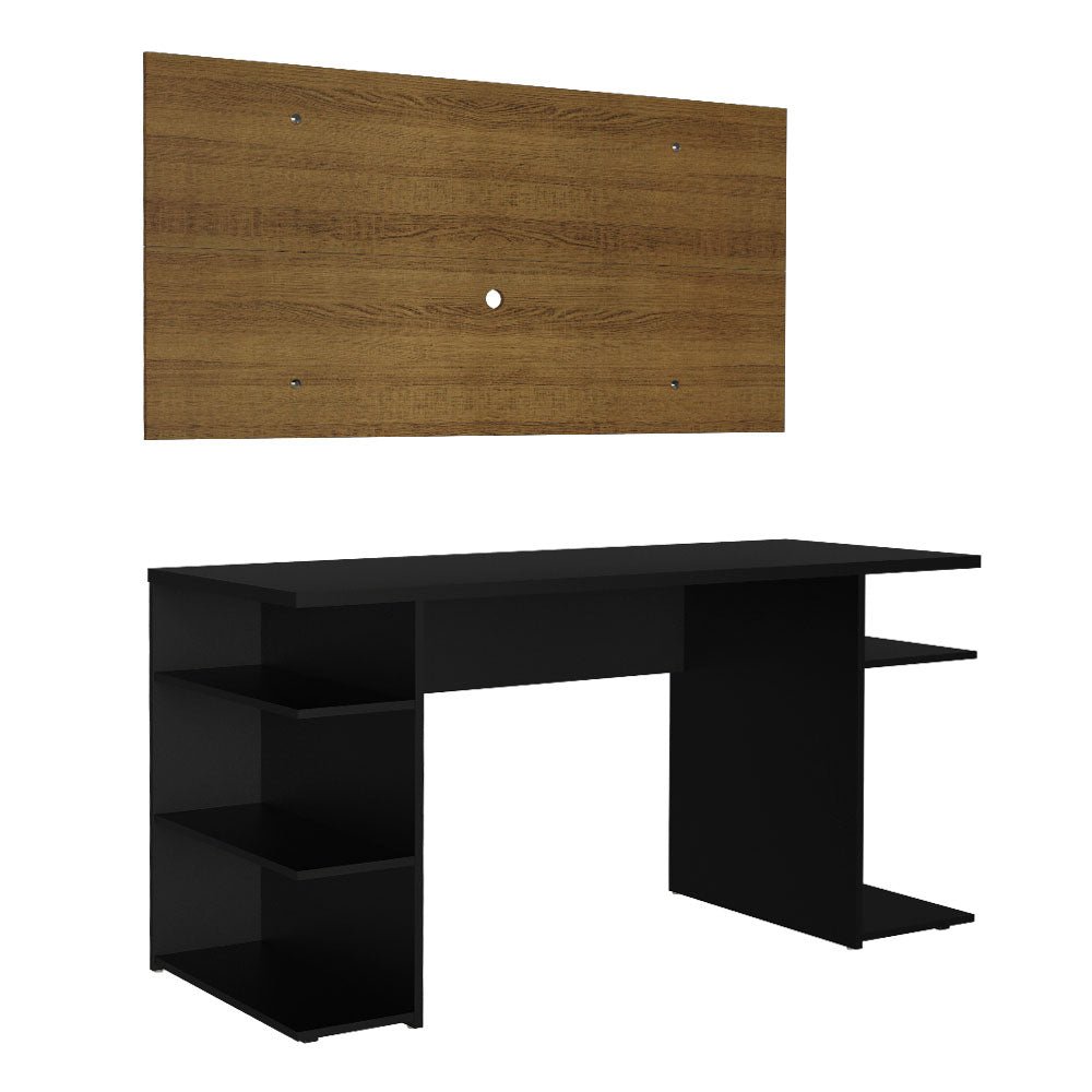 Combo Escritorio Gamer y Panel de TV Negro y Marron 136x75cm para TV hasta 50 Pulgadas Sin Cajones y con Organizador de Libros y Consolas - ESCRITORIOS | Bylmo