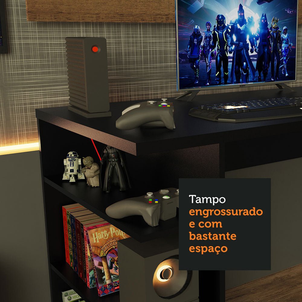 Combo Escritorio Gamer y Panel de TV Negro y Marron 136x75cm para TV hasta 50 Pulgadas Sin Cajones y con Organizador de Libros y Consolas - ESCRITORIOS | Bylmo