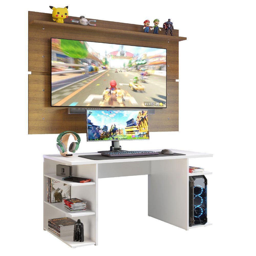 Combo Escritorio Gamer y Panel de TV Blanco y Marron 136x75cm para TV hasta 65 Pulgadas Sin Cajones y con Organizador de Libros y Consolas - ESCRITORIOS | Bylmo