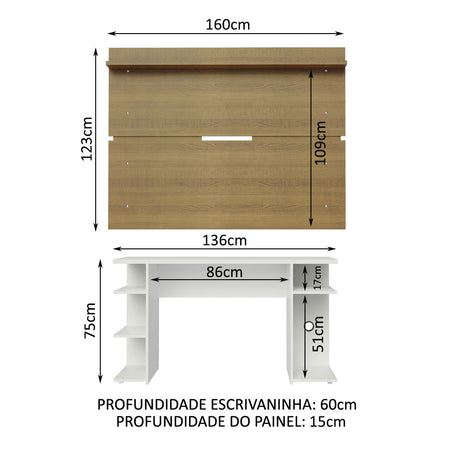 Combo Escritorio Gamer y Panel de TV Blanco y Marron 136x75cm para TV hasta 65 Pulgadas Sin Cajones y con Organizador de Libros y Consolas - ESCRITORIOS | Bylmo