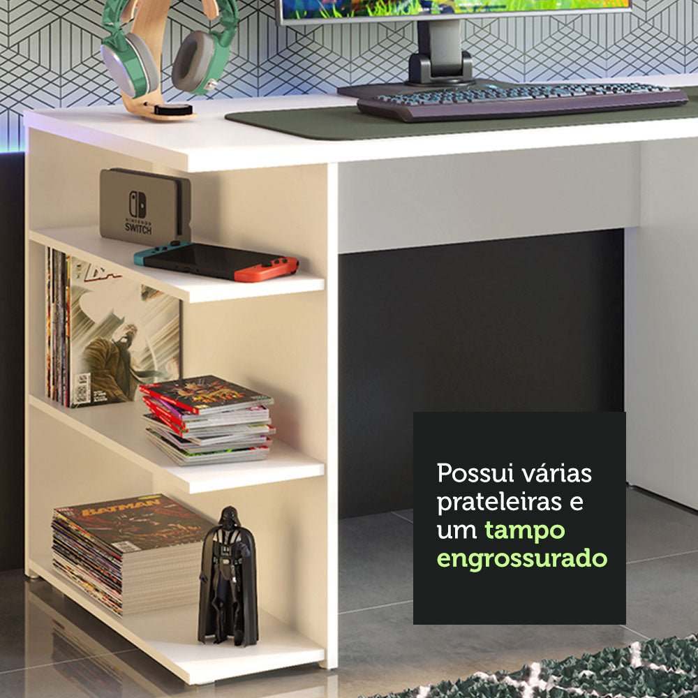 Combo Escritorio Gamer y Panel de TV Blanco y Marron 136x75cm para TV hasta 65 Pulgadas Sin Cajones y con Organizador de Libros y Consolas - ESCRITORIOS | Bylmo