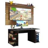Combo Escritorio Gamer y Panel de TV Negro y Marron 136x75cm para TV hasta 65 Pulgadas Sin Cajones y con Organizador de Libros y Consolas - ESCRITORIOS | Bylmo