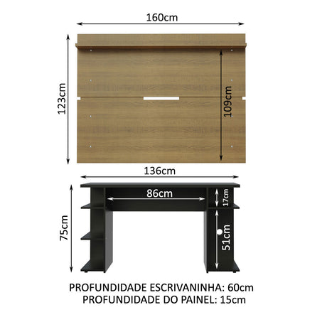 Combo Escritorio Gamer y Panel de TV Negro y Marron 136x75cm para TV hasta 65 Pulgadas Sin Cajones y con Organizador de Libros y Consolas - ESCRITORIOS | Bylmo