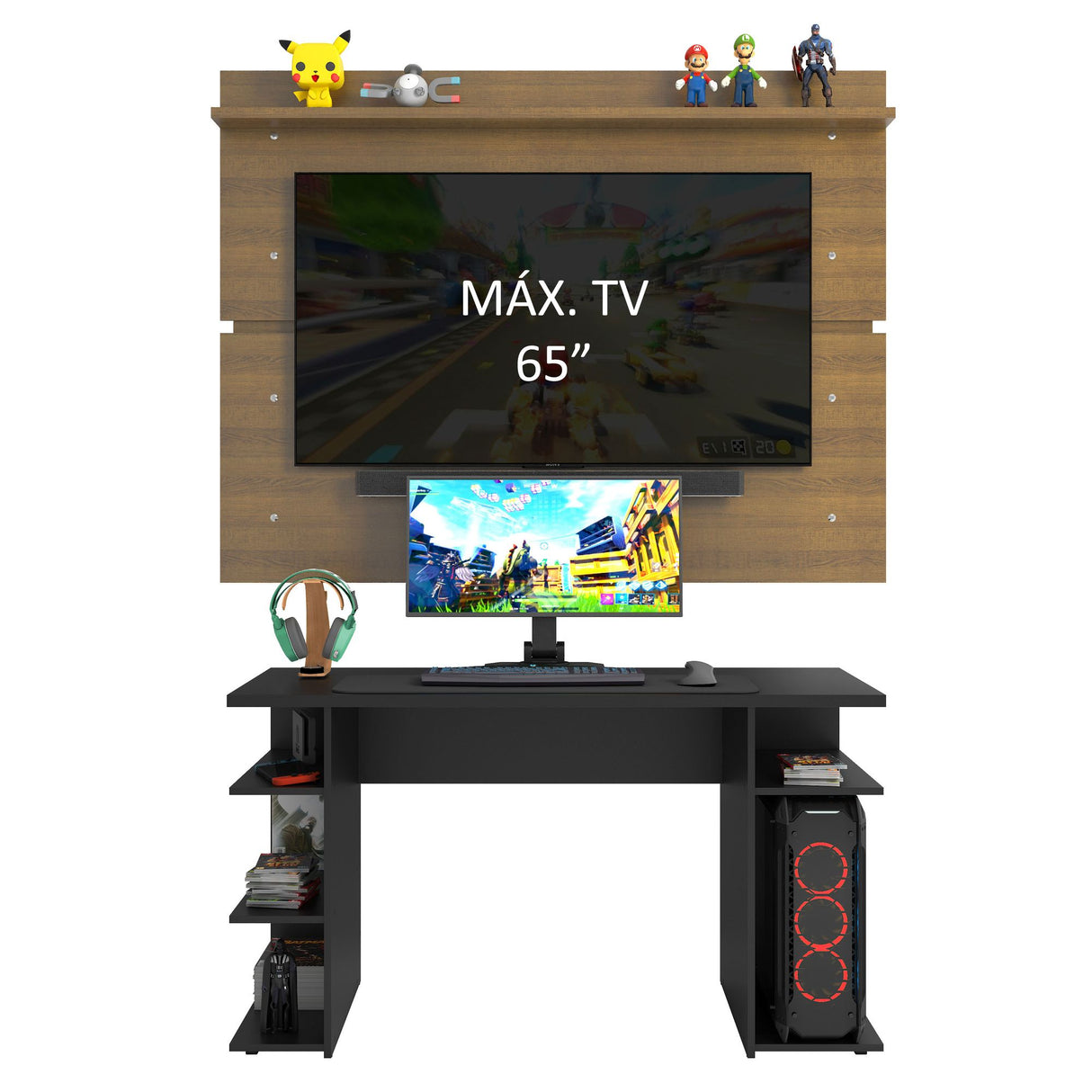 Combo Escritorio Gamer y Panel de TV Negro y Marron 136x75cm para TV hasta 65 Pulgadas Sin Cajones y con Organizador de Libros y Consolas - ESCRITORIOS | Bylmo