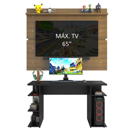 Combo Escritorio Gamer y Panel de TV Negro y Marron 136x75cm para TV hasta 65 Pulgadas Sin Cajones y con Organizador de Libros y Consolas - ESCRITORIOS | Bylmo