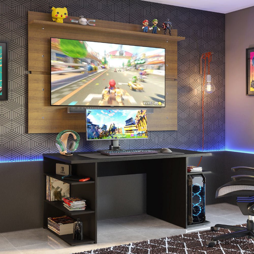Combo Escritorio Gamer y Panel de TV Negro y Marron 136x75cm para TV hasta 65 Pulgadas Sin Cajones y con Organizador de Libros y Consolas - ESCRITORIOS | Bylmo