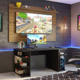 Combo Escritorio Gamer y Panel de TV Negro y Marron 136x75cm para TV hasta 65 Pulgadas Sin Cajones y con Organizador de Libros y Consolas - ESCRITORIOS | Bylmo