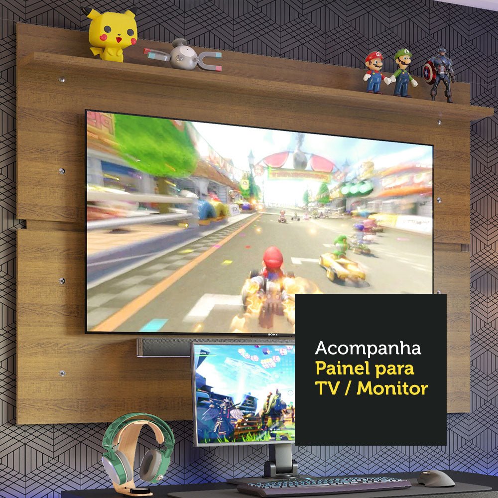 Combo Escritorio Gamer y Panel de TV Negro y Marron 136x75cm para TV hasta 65 Pulgadas Sin Cajones y con Organizador de Libros y Consolas - ESCRITORIOS | Bylmo