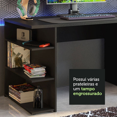 Combo Escritorio Gamer y Panel de TV Negro y Marron 136x75cm para TV hasta 65 Pulgadas Sin Cajones y con Organizador de Libros y Consolas - ESCRITORIOS | Bylmo