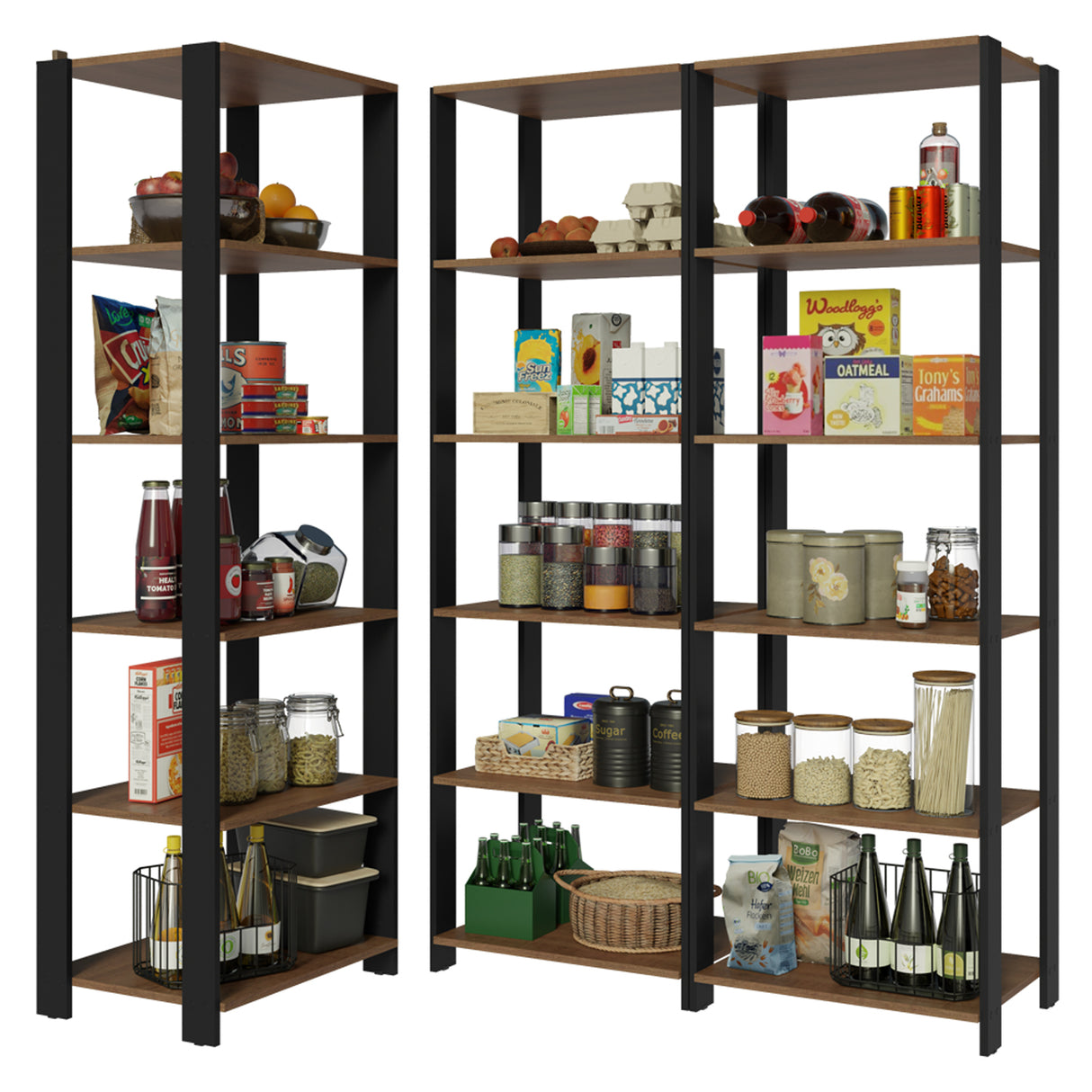 Set X 3 Muebles Organizadores de Despensa Esquinero Marron y Negro 177x180cm con Patas y con Quince Repisas - ALACENAS Y MUEBLES MICROONDAS | Bylmo