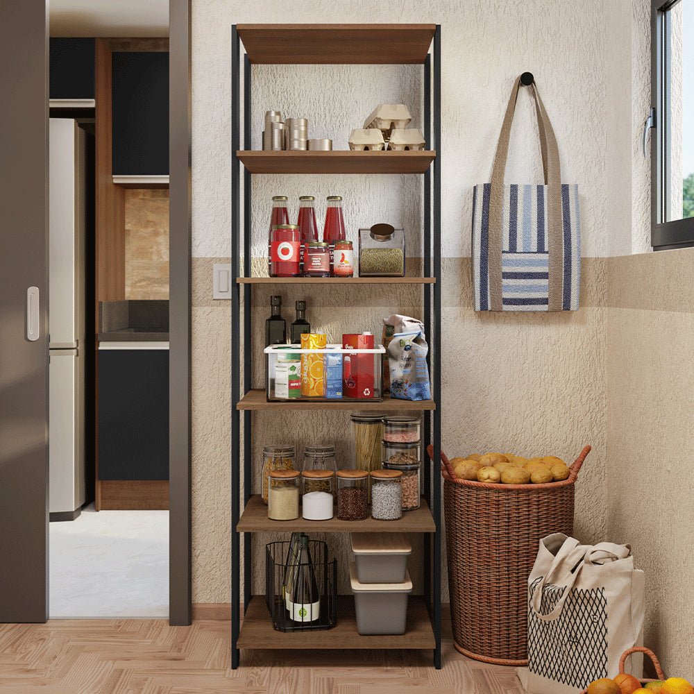 Mueble Organizador de Despensa Marron y Negro 59x180cm con Patas y con Cinco Repisas - ALACENAS Y MUEBLES MICROONDAS | Bylmo