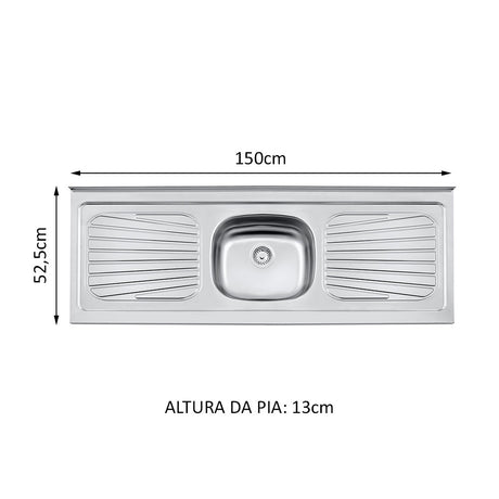 Mesón de Cocina Plata 150x52.5cm de Acero Inoxidable Acabado Brillante con Pozuelo Centro - MESONES DE COCINA | Bylmo